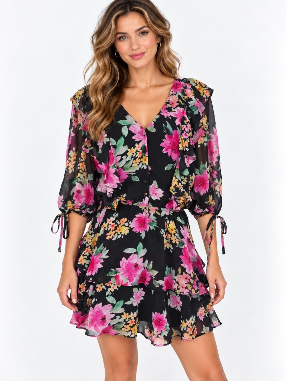 Yumi Kim Hailey Dress Womens S NWT Black Floral Ruffle Mini Anthropologie $228